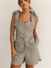 Cyflymder Linen Bow Strap Sweetheart Cami Top Mini Short Two Piece Set Summer Women Matching Outfit Daily Causal Lady Conjunto