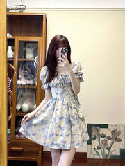 Cyflymder Lazy Style French Style Square Collar Puff Sleeve Floral Dress Women's Summer Holiday Style Tight Waist A- Line Short Skirt