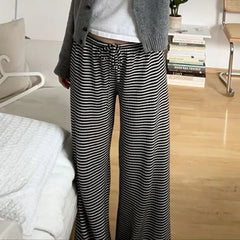 Cyflymder Women's Striped Wide Leg Trousers Low Waist Drawstring Detail Loose Fit Y2K Casual Pants for Summer Beach and Daily Outfits