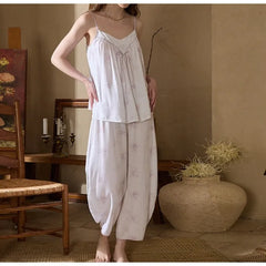 Cyflymder Summer little rose print suspenders bloomers cotton silk pajamas contrasting edge loose and comfortable girl loungewear set