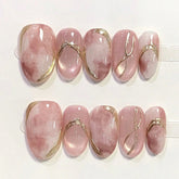 Cyflymder 10Pcs Cat's Eye Pink Smudge Fake Nail Short Round Handmade Press on Nails Irregular Gilding Reusable Full Cover False Nails Tips