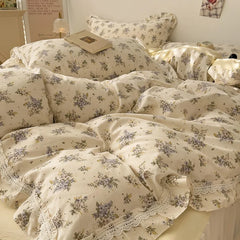 Cyflymder 3/4Pcs Vintage French Fresh Floral Lace Ruffles 100% Cotton Bedding Set Duvet Cover Bed Skirt/Bed Sheet/Fitted Sheet Pillowcases