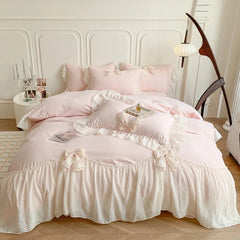 Cyflymder Pink Romantic French Princess Bedding Set, Lace Ruffles, Bow Bedding Set, Single, Queen, King, Duvet Cover, Bed Sheet, Pillowcas