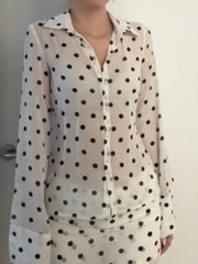 Cyflymder Matching Polka Dot Outfit For Women Trendy Lapel Placket Front Sheer Blouse Bodycon Mini Skirt Suit Lady's Casual Night Out Set