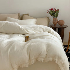Cyflymder Vintage French Wrinkled Yarn Tassel Edge Bedding Set 100% Cotton Double Layer Yarn Duvet Cover Bed Sheet/Fitted Sheet Pillowcase