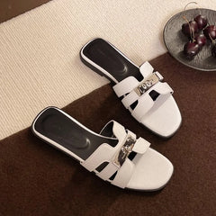 Cyflymder Women's Flat Shoes Barefoot Outside Woman Pu Cross Belt Slippers Women Metal Decoration Sandals Summer Ladies Fashion Shoe