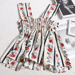 Cyflymder French Retro Plaid Tank Top Women Summer Sleeveless Folds Waist Crop Top Sweet Floral All Match Short Vest Femme