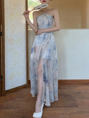 Cyflymder Vintage Chiffon Print Halter Dress Back Elastic Strap Long Dress vestido floral femme elegante robe sexy v cou occasion dresses