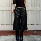 Cyflymder Women's Black Faux Leather Wide Leg Culotte Pants Low Waisted With Drawstring Punk Loose Fit Autumn Winter Streetwear Style Chic