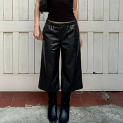 Cyflymder Women's Black Faux Leather Wide Leg Culotte Pants Low Waisted With Drawstring Punk Loose Fit Autumn Winter Streetwear Style Chic