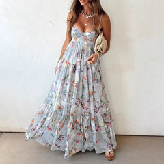 Cyflymder Elegant Sleeveless Hollow Out Pleat Dress Summer New High Waist Backless Evening Dress Sexy Low Cut Halter Floral Printed Dress