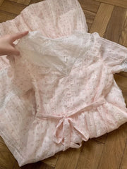 Cyflymder Sweet Girly Lace Spliced Short-sleeved Dresses Women Summer Elegant V-neck Waist Slim Floral Midi Dress Korea Chic Party Outfits