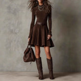 Cyflymder American Style Women's Mini Dress Solid Long Sleeve High Neck A-Line Party Dress Autumn Winter Slim High Street Dresses