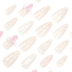 Cyflymder Sweet Pink French Nail Art 3D Bowknot Butterfly Pearl False Nails Fashion Detachable Finished Fake Nails Press on Nail with Glue