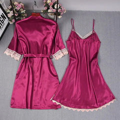 Cyflymder 2-Piece Women Sexy Garter Lingerie Set Robes Lace Splicing Deep V-Neck Nightgown Elegant Fashion Solid Color Retro House Cloth