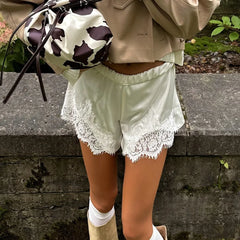 Cyflymder Fashion Women Patchwork Satin Lace Shorts Women High Waist Casual Splice Short Elegant Matching Suits