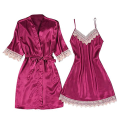 Cyflymder 2-Piece Women Sexy Garter Lingerie Set Robes Lace Splicing Deep V-Neck Nightgown Elegant Fashion Solid Color Retro House Cloth