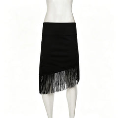 Cyflymder Women's Latin Dance Fringe Skirt High Waist Asymmetrical Tassel Bodycon Midi Skirt Stretch Slim Fit Elegant Black Soft Bottoms
