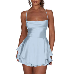 Cyflymder Ladies' Silk And Satin Elegant Sexy Slim Beautiful Backless Short Dress Cowl Neck Cross Spaghetti Strap Party Pleated Mini Skirt