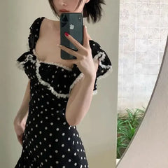 Cyflymder Female Clothing Square Collar Lace Dresses Polka Dot Summer New Stylish Ruffles French Style Flying Sleeve Aura Waist Long Dress
