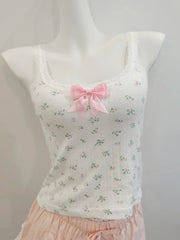 Cyflymder Sweet Floral Crop Tops Women Summer Pink Bow Decoration Cotton Tops for Sweet Girls Lolita Style Cute Camis