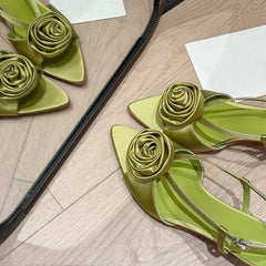 Cyflymder Green Satin Shallow Women Sandals Flowers Decor Pointed Toe Summer Dress Slingback Pumps Black Thin High Heels Party Sandalias