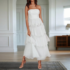 Cyflymder Ruffled Tube Top Long Dress for Women Summer Solid Color Backless Strapless Sleeveless Tiered Cake Dress
