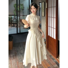 Cyflymder Autumn Chinese Style Women Dress Women Beige Tassel Straps Improved Modern Cheongsam Elegant Evening Dress Vestidos Chinos