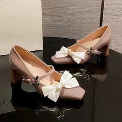 Cyflymder Sweet Bow Square Toe Chunky Heel Women Pumps Fashion Buckle Elegant Dress Mary Jane Shoe Ladies Luxury Wedding Bridal High Heels