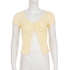 Cyflymder Women’s Slim Fit Twist Front Crop Top Soft Pastel Yellow Short Sleeve Tee Deep V Neck Casual Y2K Clothes Cute Summer Streetwear