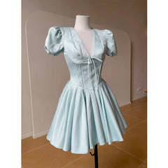 Cyflymder Summer Sweet Princess Bubble Sleeve Dress Women's Waist Tie Flared Mini Skirt