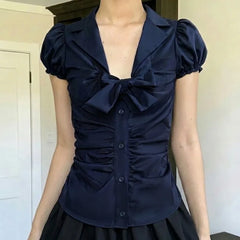 Cyflymder Temperament Preppy Style Bow V Neck Puff Short Sleeve Women's Blouse Y2k Aesthetic Harajuku Pleated Casual Shirts Spice Clothes