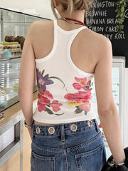 Cyflymder Basic Sweet Floral Tank Tops Sexy Casual Slim O-Neck Sleeveless Tanks Women Summer Fashion Streetwear Ladies Vest