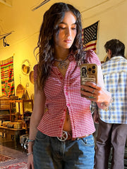 Cyflymder American Retro Red Plaid ort Sve irt Casual Slim Fit Waist Cinching Button up Top for Young Women