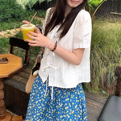 Cyflymder Female Clothing Fashion Peter Pan Collar Shirts French Style Drawstring Bow Summer Solid Color Basic Short Sleeve Aura Blouse