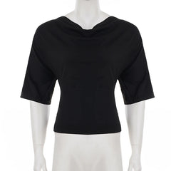 Cyflymder Women's Elegant Black Cold Shoulder Top with Draped Neckline Ruched Waist Short Flared Sleeves Casual & Chic Crop Clothes