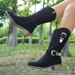 Cyflymder Sharp pointed frosted cloth mid length boots, bimetallic buckle decorative side zipper knee length boots, plus size women's shoe