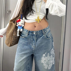 Cyflymder Summer Women's Lace Printed Blue Denim Shorts Young Girl Casual High Waist Bottom Female Loose Capris Calf-length Pants