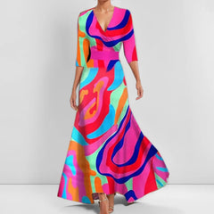Cyflymder Print Midi Dr for Women with Giant Hemline And Belt Loose Fit Sve Semi Casual Perfect Gift Ideal Cotail Dr...