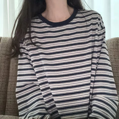 Cyflymder Striped T-shirts Women O-Neck Long Sleeve Loose Navy Blue Tops Tee Bottoming Tshirts