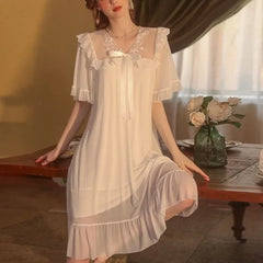 Cyflymder French Elegant Sweet Summer V Neck Short Sleeve Mesh Dress All Match Temperament Women Sleepshirt Y2k Casual Lounge Dress