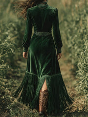 Cyflymder Elegant Women Velvet Dress Fringe Hem Sexy V Neck Long Sleeve Boho High Waist Lantern Sleeves A-Line Evening Party Maxi Dress