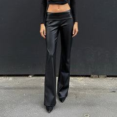 Cyflymder Women's PU Faux Leather Flared Trousers Low Waist Foldover Waistband Slim Fit Y2K Hot Girl Streetwear Casual Party Pants