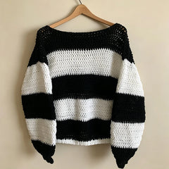 Cyflymder Women Y2K Black White Striped Crochet Knit Top Boat Neck Long‑Sleeve Hollow‑Out Loose Cropped Sweater Casual Pullover Blouse