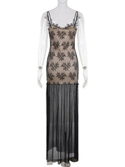 Cyflymder Sexy Sheer Mesh Lace Maxi Dress Women Elegant Spaghetti Strap Sleeveless See Through Slim Long Gown for Special Occasion