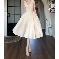 Cyflymder Summer Champagne Bow A Line Dress Women Elegant Slim Waist Party Dress