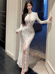 Cyflymder wedding guest outfit 2025 New White Lace Hook Flower Hollow Chic Bandage Dress Women Korean Fashion Prom Dress Autumn Winter Elegant Evening Dresses