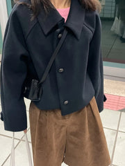 Cyflymder Retro Chic Lapel Single Button Woolen Coat ort Loose Sle for Small Figures Women's Faionable Outerwear
