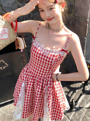 Cyflymder Y2K Red Plaid Mini Dresses for Women Spaghetti Strap Lace Patchwork A-line Birthday Party Dress Korean Fashion One Piece Vestido