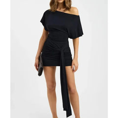 Cyflymder Diagonal Collar Backless Sexy Mini Dress Women Elegant One Shoulder Short Sleeve Draped Ruched Slinky Club Party Dress